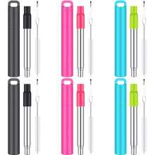 Pailles Gejoy (lot de 6) en métal, pliables et réutilisables, avec étui, embouts en silicone et goupillon – Idéales pour les voyages et le