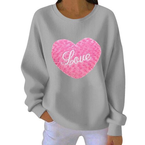 Felpa da donna a coste con scollo rotondo e cuore per San Valentino, lunga