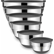 Ensemble de 6 bols mélangeurs gigognes en acier inoxydable avec couvercles hermétiques et fonds antidérapants (7 QT–1 QT, gris)