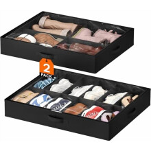 Lot de 2 boîtes de rangement pour chaussures à glisser sous le lit, pliables en tissu, de 11 cm de haut, avec couvercle transparent et poignées,