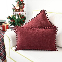Housses de coussin décoratives de Noël 50 x 30 cm, lot de 2, en chenille bordeaux avec pompons, compatibles avec les coussins standards.