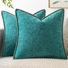 Lot de 2 housses de coussin en chenille bleu sarcelle côtier (45,7 x 45,7 cm), bord cousu, style champêtre – Compatibles avec les coussins