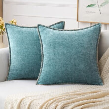 Lot de 2 housses de coussin 45 x 45 cm en chenille bleu fumé côtier, bord cousu, style champêtre, pour canapé/lit/salon