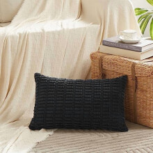 Housse de coussin décorative noire 35 x 60 cm (14 x 24 po), style rustique bohème, en velours côtelé doux à rayures — compatible avec les