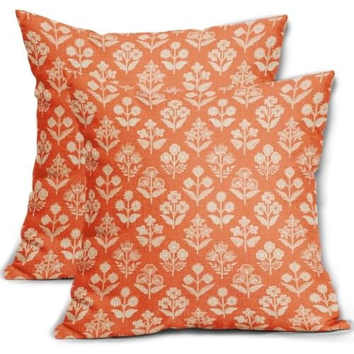 Πορτοκαλί Μαξιλαροθήκες με Floral Block Print, Σετ 2 τεμαχίων, Vintage Λουλούδι, Διακόσμηση