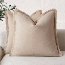 Leinen-Kissenbezug mit Fransen, hellbraun-beige, 45 x 45 cm, 2er-Pack