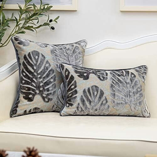 Μαξιλαροθήκη κεντήματος Velvet Leaf 20x20 ίντσες Γκρι Ασημί 2