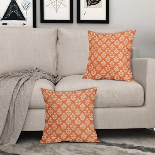 Πορτοκαλί Μαξιλαροθήκες με Floral Block Print, Σετ 2 τεμαχίων, Vintage Λουλούδι, Διακόσμηση 2