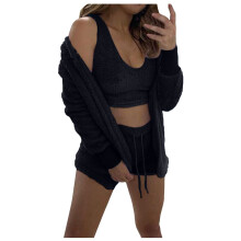 QLEICOM Completo da donna sexy e soffice a 3 pezzi: cardigan con cappuccio caldo in pile, crop top e pantaloncini, pigiama, abbigliamento da casa,