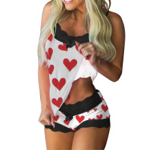 Kerstpyjamaset voor dames, 2-delig, met kanten details en print, mouwloos, tanktop en short, comfortabele nachtkleding voor thuis, maten S-2XL