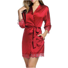 Halat de mătase pentru femei, scurt, cu dantelă, satin, halat, mânecă 3/4, kimono sexy, halat de mireasă, confortabil, pijamale cu buzunare