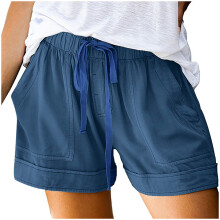 Dameshorts i bomull, elastisk midje, lommer, snøring, lyseblå, 3XL, kompatibel med sommersportstøy