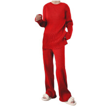 Damen-Strickset, zweiteilig, eleganter Strickpullover mit langer Hose, lässiges Heim- und Freizeitset (Z01#Rot, L)