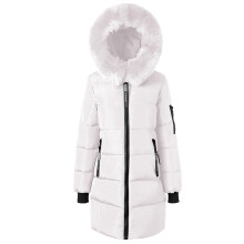 Lange Steppjacke für Damen, winddicht, warm, mit Kunstfellkapuze, dick gefüttert, lange Ärmel, weiß, Größe S