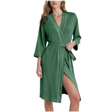 Cămașă de noapte pentru femei, stil înfășurat, cu curea, cu mâneci 7/8, poliester, spandex, fleece periat, căptușeală din flanel, mărime
