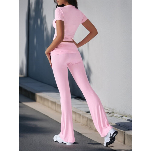 Solid Color Slim Fit Short Sleeve Trousers Suit Pink L 2