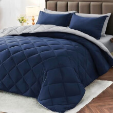 Juego de edredón reversible de 7 piezas para cama matrimonial con sábanas, fundas de almohada y fundas decorativas – Azul marino y gris claro,