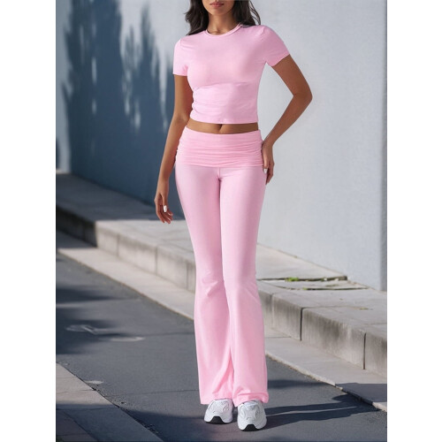 Solid Color Slim Fit Short Sleeve Trousers Suit Pink L 1