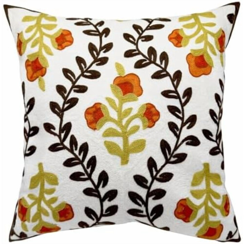 Capa de almofada decorativa bordada com flores em lona de algodão, 45x45 cm (18x18 polegadas).