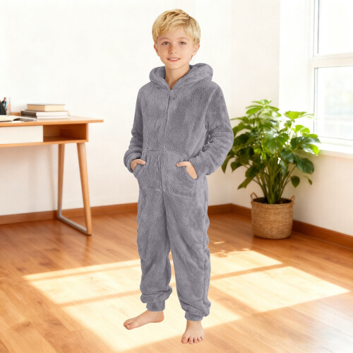 Tutina intera con cappuccio e cerniera, morbida e calda, con tasche, per bambini - Grigio, 6 anni 1