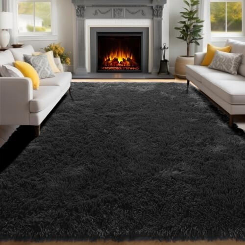 Black fluffy shag area rug 5x7 feet 1