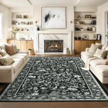 Black Botanical Floral Area Rug 6x9 Feet Washable Non-Slip