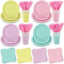 192-teiliges Party-Set in Pastellfarben: Teller, Becher, Servietten, Besteck in Macaron-Farben – Einweggeschirr für 24 Gäste,