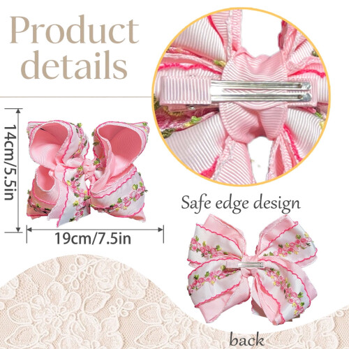 1 τεμάχιο 7,5 ιντσών ροζ φλοράλ κεντημένο φιόγκο μαλλιών χαριτωμένο αξεσουάρ 2