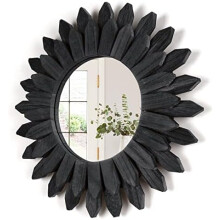 Black Wood Sunburst Mirror 21 Inch Boho Wall Decor