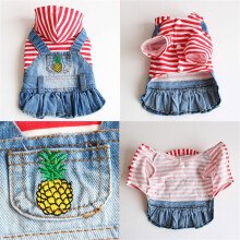 Roupa para cachorro de estimação com bordado de frutas, jaqueta jeans com capuz listrada e xadrez para filhotes