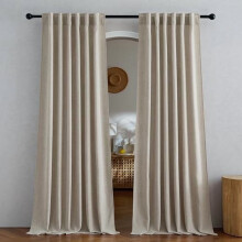 Cortinas de linho sintético cor aveia de 160 cm (2 painéis), com bolso para varão e presilha traseira, semitransparentes, filtram a luz e garantem