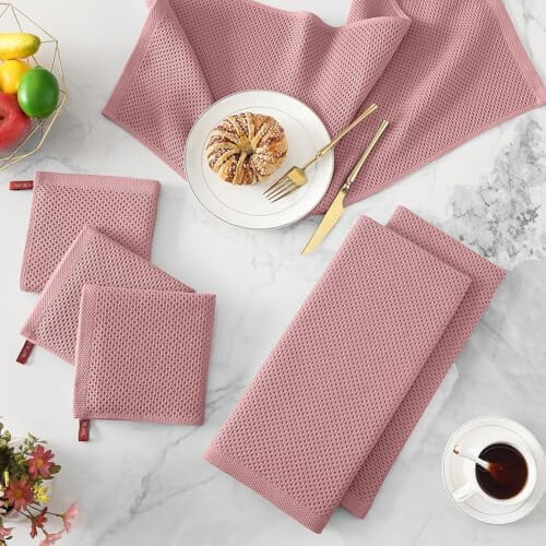 Πετσέτες κουζίνας από 100% βαμβάκι με ύφανση waffle (13x28"), σετ των 4, σχέδιο με 2