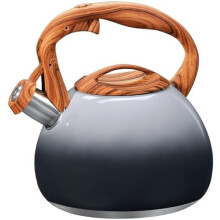 Bollitore da 3,1 litri con fischietto, design sfumato grigio e nero, in acciaio inossidabile con manico in legno, ideale per la casa e la cucina.