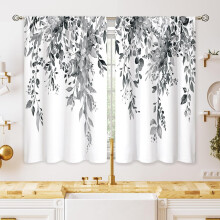 Eucalyptus Botanical Grey Floral Kitchen Curtains (26x36 in), Farmhouse Tier Drapes for Sink, Bathroom & Cafe Windows