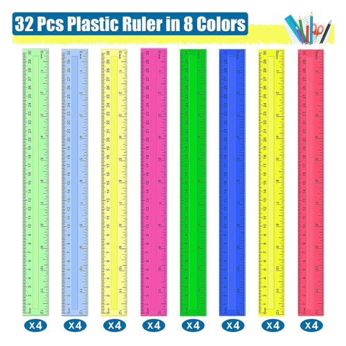 Réguas de plástico de 12 polegadas, conjunto de 32 unidades, transparentes, em cores sortidas, com medidas métricas e em polegadas (mj3812) 1