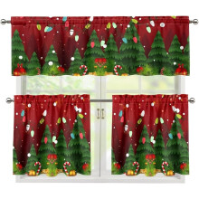 Conjunto de 3 peças de cortinas de cozinha com estampa de árvores de Natal, incluindo cortinas curtas com bolso para varão, ideal para quarto e