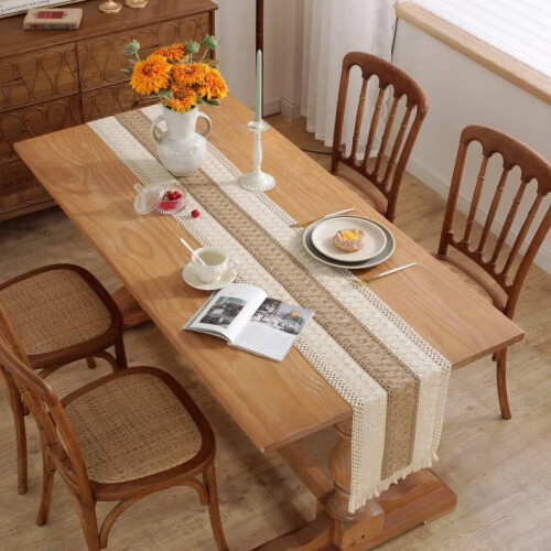 Τραπεζομάντιλο Boho 12x55 ίντσες, χειροποίητο βαμβακερό με φούντες, ρουστίκ στυλ 2