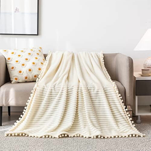 Κουβέρτα Fleece Twin 60x80", Μπεζ – Μαλακή, Βελούδινη, Ζεστή, Άνετη Ριχτάρι με Κρόσσια Pompom 1