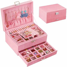 Portagioie da donna in velluto rosa con serratura – Organizzatore per orecchini, collane, anelli e bracciali – Compatibile con i portagioie