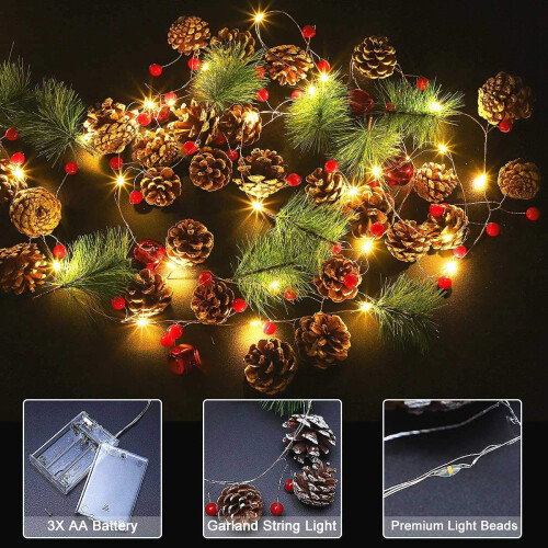Χριστουγεννιάτικη γιρλάντα LED 6,5ft20-LED με φωτάκια, κόκκινα μούρα και κουκουνάρι, 1