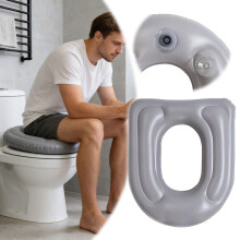 Opblaasbaar, draagbaar PVC-zitkussen met voet – Hygiënisch, waterdicht, opvouwbaar; geschikt voor openbare en reisstoelen.