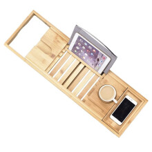 Expandable Wooden Bathtub Tray with Adjustable Fit, Wine Glass Holder and Book Slot
