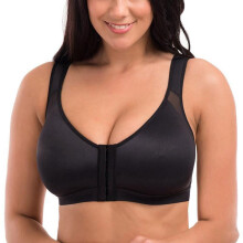 Soutien-gorge correcteur de posture liftant, sans armatures, à fermeture avant et couvrance totale, avec maintien du dos et fermeture arrière.