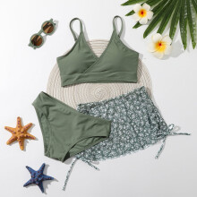 BULLPIANO Snámh Snámha 3 phíosa do Chailíní, Tacar Bikini le Prionta Bláthanna, Muineál V agus Sciorta Clúdaigh Thapa-Thriomú le Sreangán