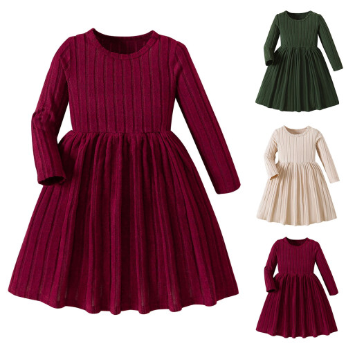 Robe pull à manches longues pour filles, couleur unie, 3-10 ans