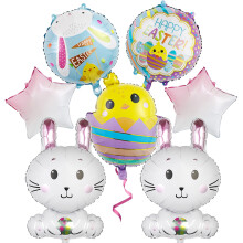 Lot de 7 ballons de Pâques en mylar (lapin, poule, œuf) blancs, verts, jaunes et violets – Décorations pour une fête sur le thème de Pâques
