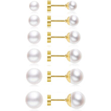 Pearl Stud Earrings for Women 14K Gold Plated 6 Pairs