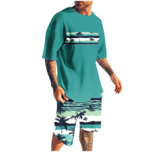 Conjunto de shorts masculino, conjunto de 2 peças, blusa esportiva slim com estampa, gola redonda, cintura elástica e manga curta com gola redonda.