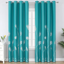 Teal Blackout Curtains with Silver Palm Print, Grommet,