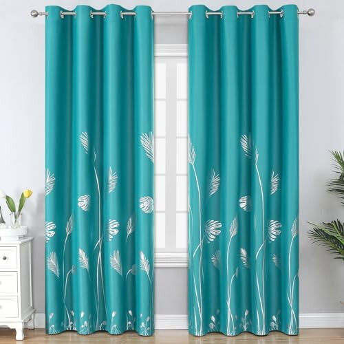 Teal Blackout Curtains with Silver Palm Print, Grommet,